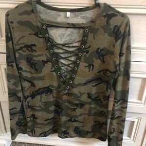 Camo deep v neck shirt